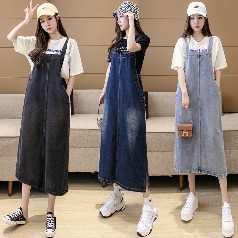 jumper dress Spring and autumn new loose casual plus size denim suspender  skirt mid-length thin suspender dress female summer