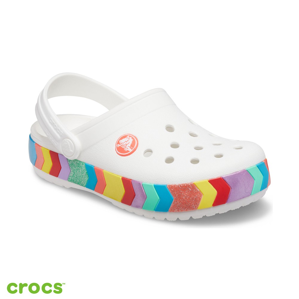 White crocs discount with rainbow stripe