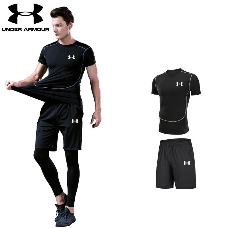 ins】Under Armour Two Set Men Swimming Suit Compression Short Sleeve +  Shorts Sport Breathable Quick