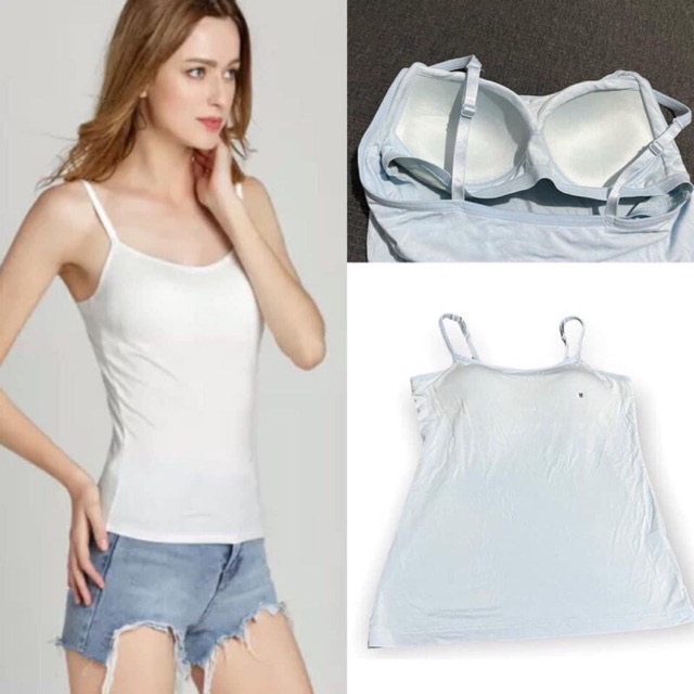 Padded Cotton Tank Fitted Top Spaghetti Adjustable Strap Built-in