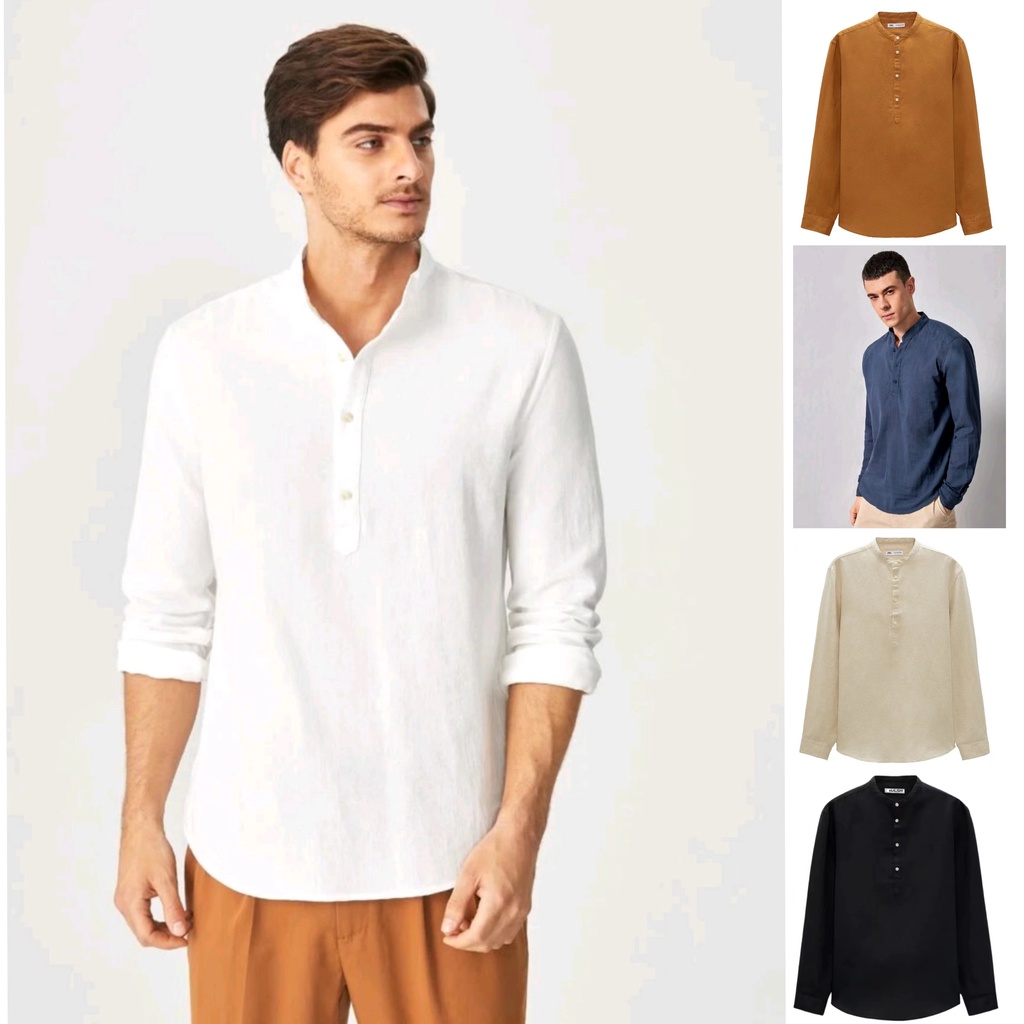 HUILISHI Long Sleeve Chinese Collar Polo for Men Plain Casual