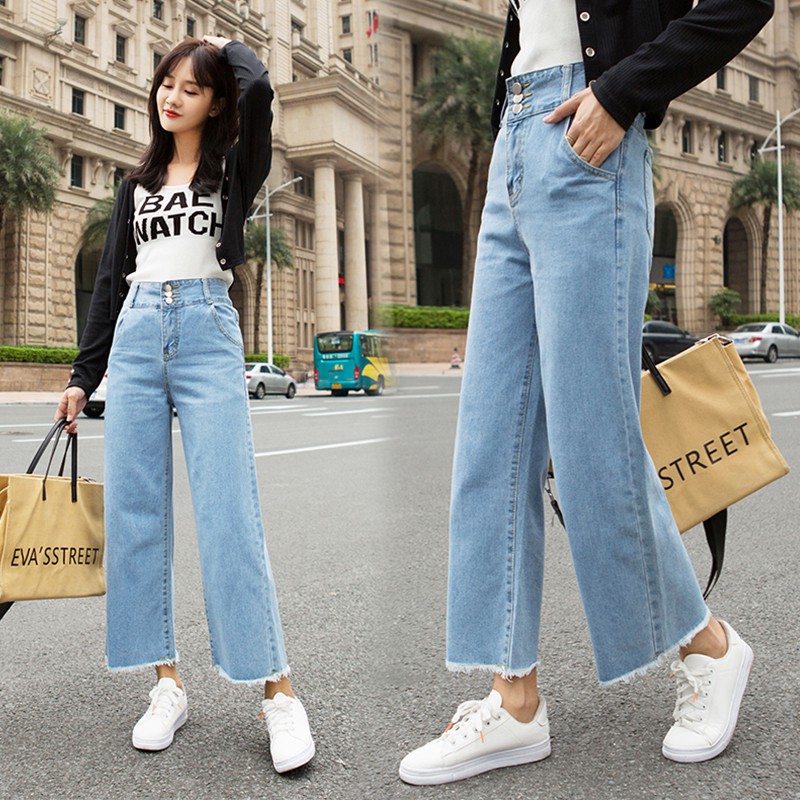 Korean style high waist wide leg Women Clothes jeans women's autumn cropped  trousers straight-leg pants loose and thin