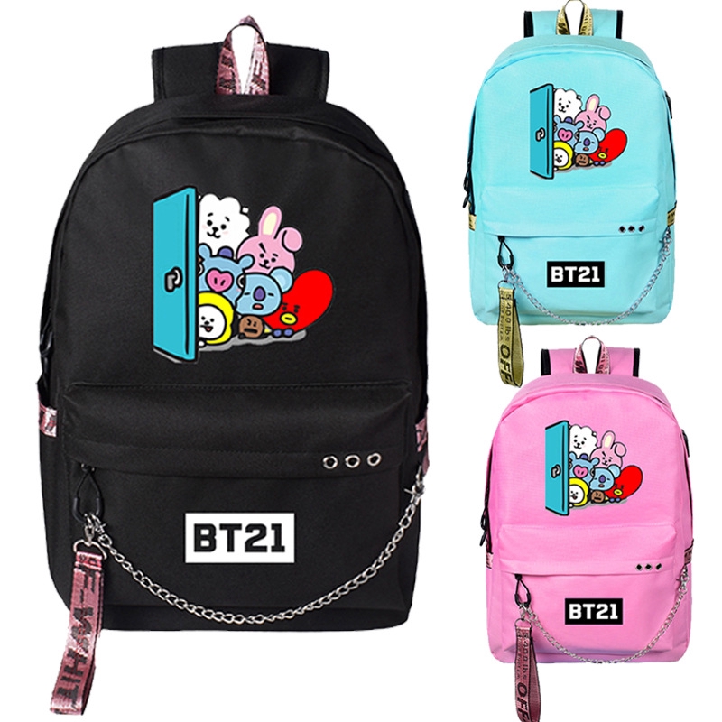 KPOP BTS BT21 School Bag USB Charging Bag Backpack Korea Shopee