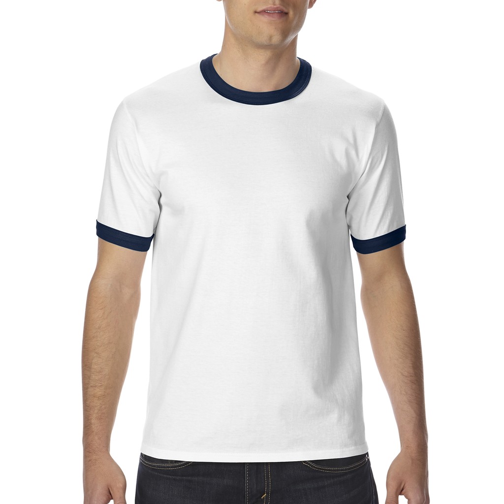 Gildan Premium Cotton Ringer T-Shirt (White / Navy) | Shopee