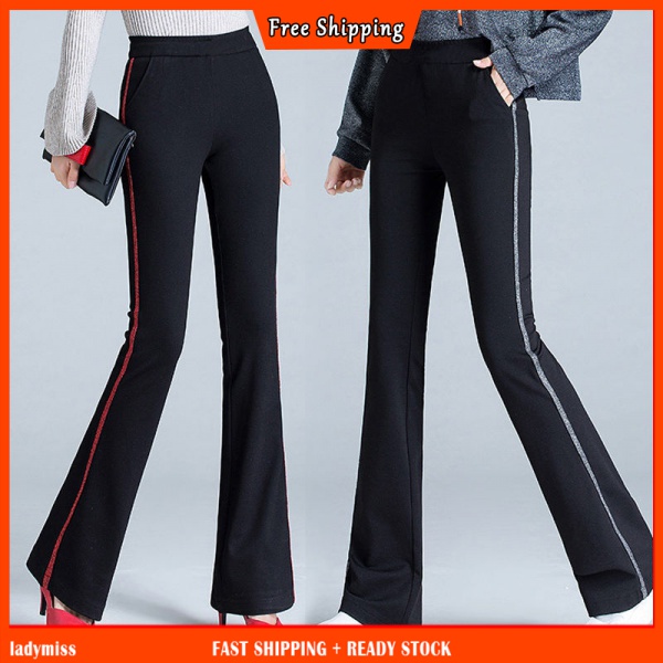 Black Split Flare Pants For Women Simple Style Long Straight