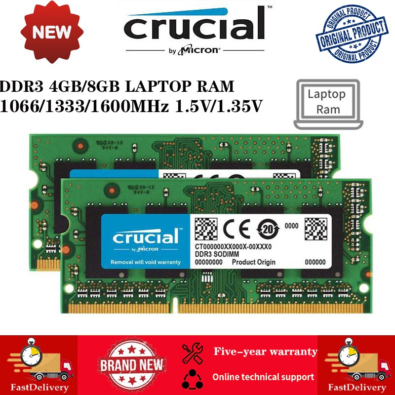 Crucial Laptop RAM ddr3/ddr3l 8gb 4gb 2gb 1600mhz 1333mhz 1066mhz