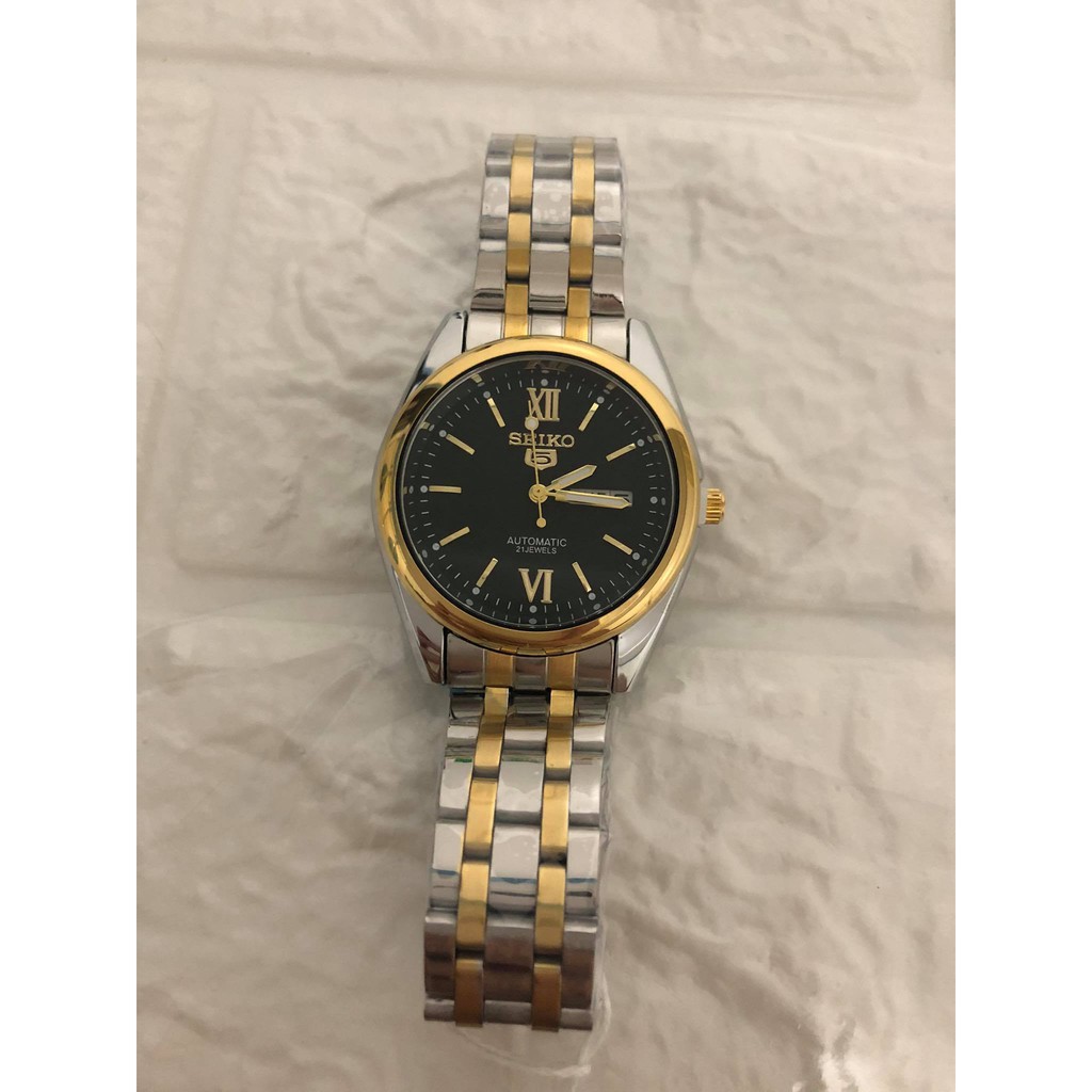 Seiko 5 Automatic Watch Double Date Gold Strap Roman Numeral