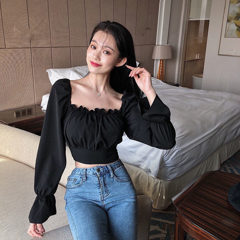 Ready Stock Korean Women s Puff Sleeve Crop Top Sexy Square Neck