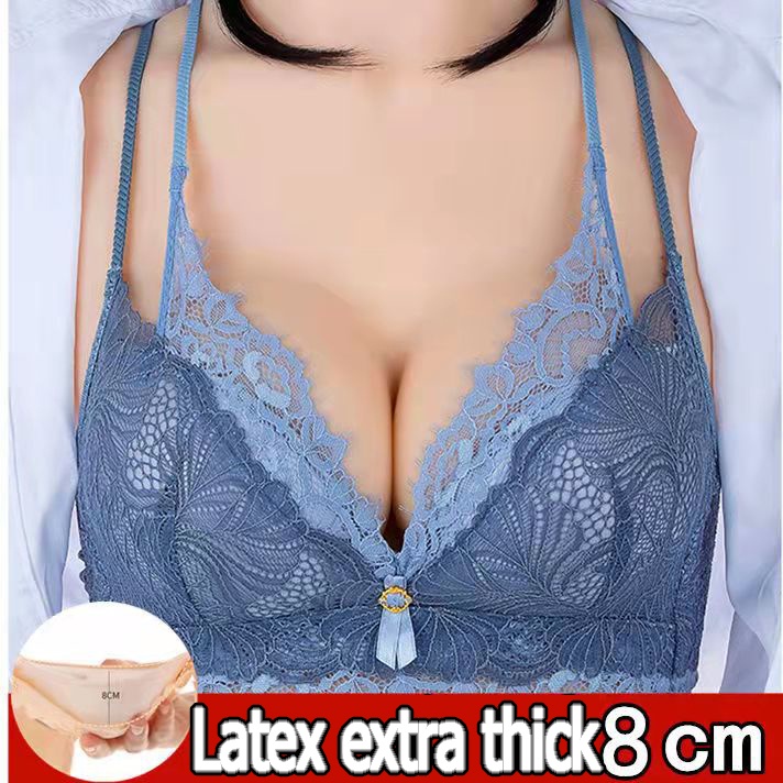 Small breasts show large flat bra thick bra super thick 8CM gathered lace  bra no steel ring to receive a pair of breast-thick underwear