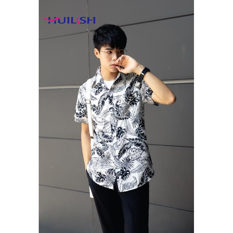 Huilishi Men Short Sleeved Shirt Floral Shirt Hawaiian polo