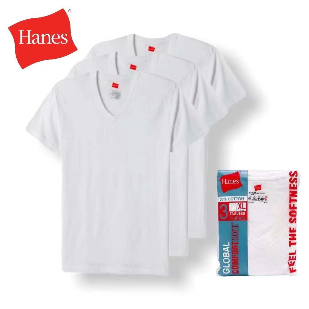 HANES White T-Shirt 3pcs (original) V/NECK for Unisex | Shopee