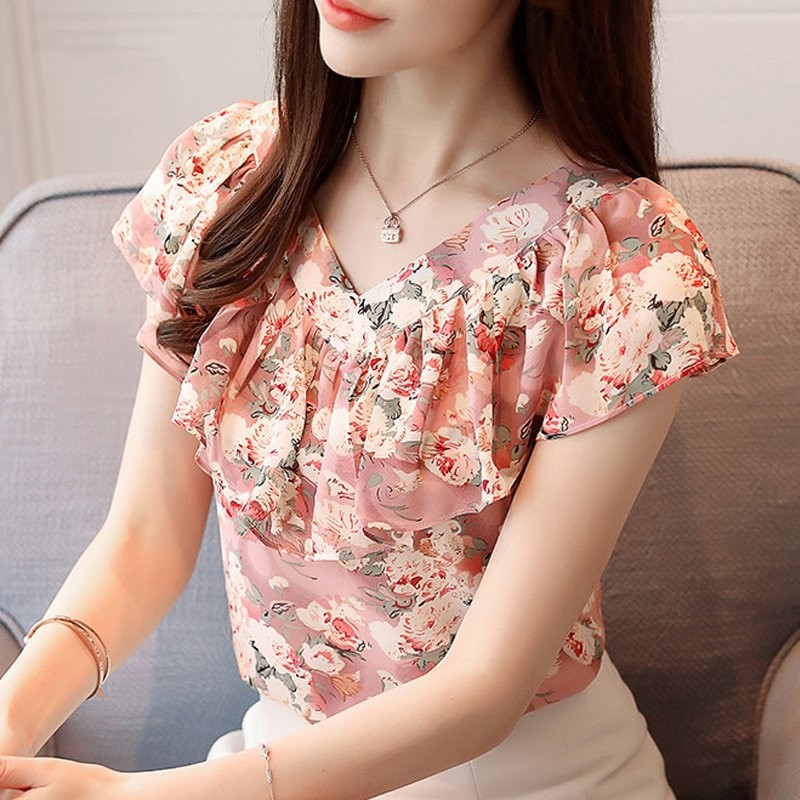 Women Summer Blouses Plus Size Tops V Neck Ruffles Print Chiffon