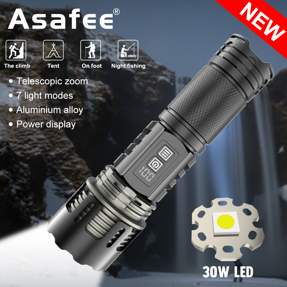 Asafee H20 30W LED White/Warm Light Camping Flashlight Built-in Battery  Telescopic Zoom Lamp Rechargeable Waterproof Lantern