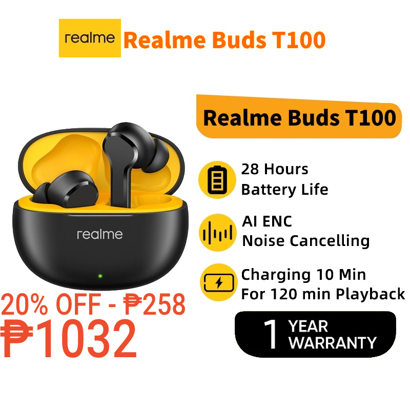 realme TechLife Buds T100 Bluetooth Truly Wireless in Ear Earbuds with mic,  AI ENC for Calls, Google Fast Pair, 28 Hours Total Playback with Fast