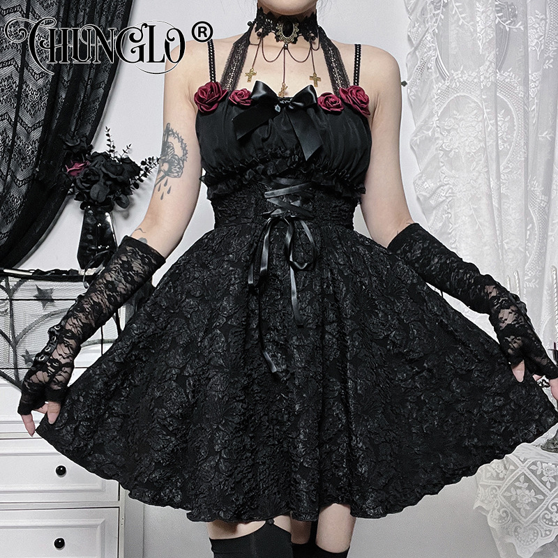 Vintage Gothic Princess Dress Women Dark Harajuku Lace Up Cross Corset Dress  Streetwear Partywear Lolita Dress Female 2023