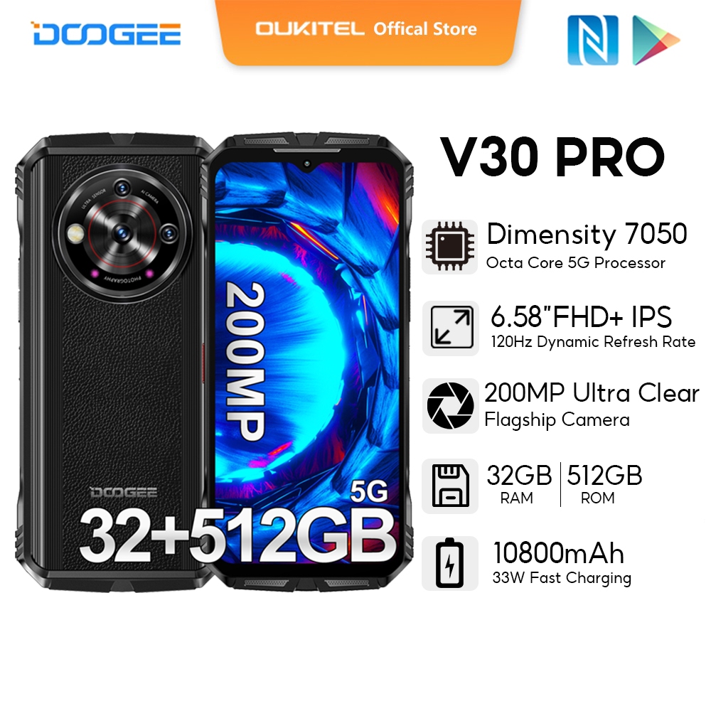 DOOGEE V30 Pro Rugged Phone 200MP Camera Dimensity 7050 5G Smartphone 6.58  FHD Display 10800mAh 32G RAM+512G ROM