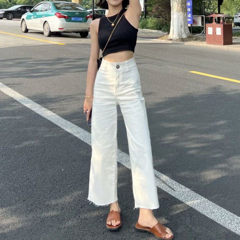 White Denim Wide-Leg Pants Women Autumn 2022 New Style High Waist Summer  Thin Korean Version Slimmer Look Ankle-Leg Straight Large