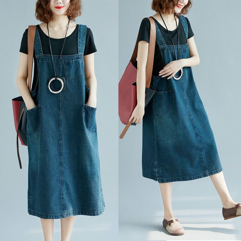 jumper dress Spring and autumn new loose casual plus size denim suspender  skirt mid-length thin suspender dress female summer