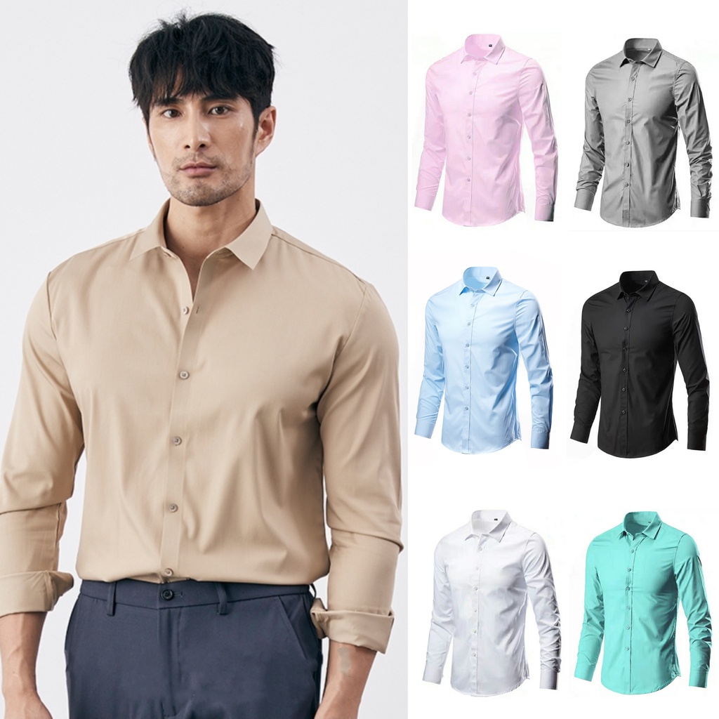 HUILISHI Long Sleeve Formal/Business Polo for Men Plain Cotton 7