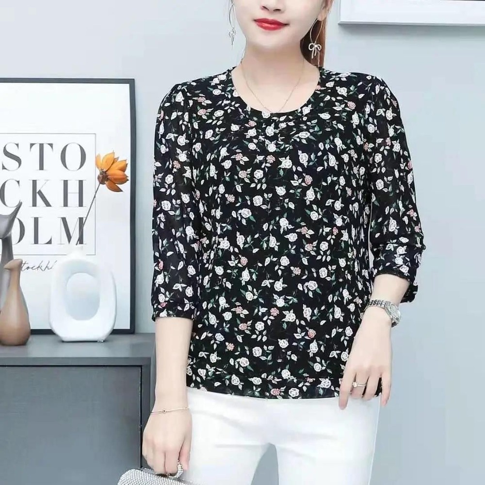 Floral Printed Plus Size Blouse Women Casual Round Neck Long