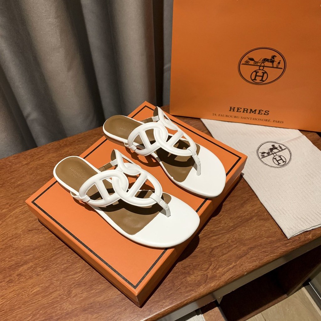 100 Original Hermes Classic Ring Foot Design White Sandals For