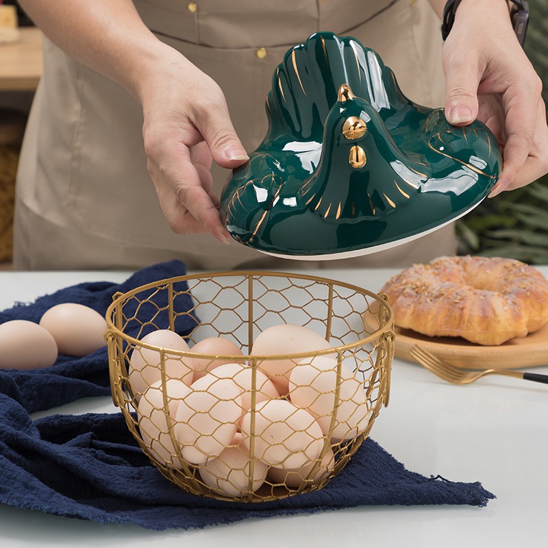 Ceramic Egg Holder Chicken Wire Metal Egg Basket Fruit Basket Collection  Ceramic Hen Oraments Decoration Kitchen Storage 