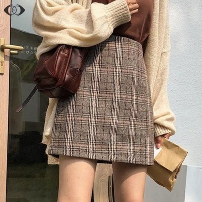 S 2XL Vintage Time Plaid A Line Skirt Korean Style Temperament