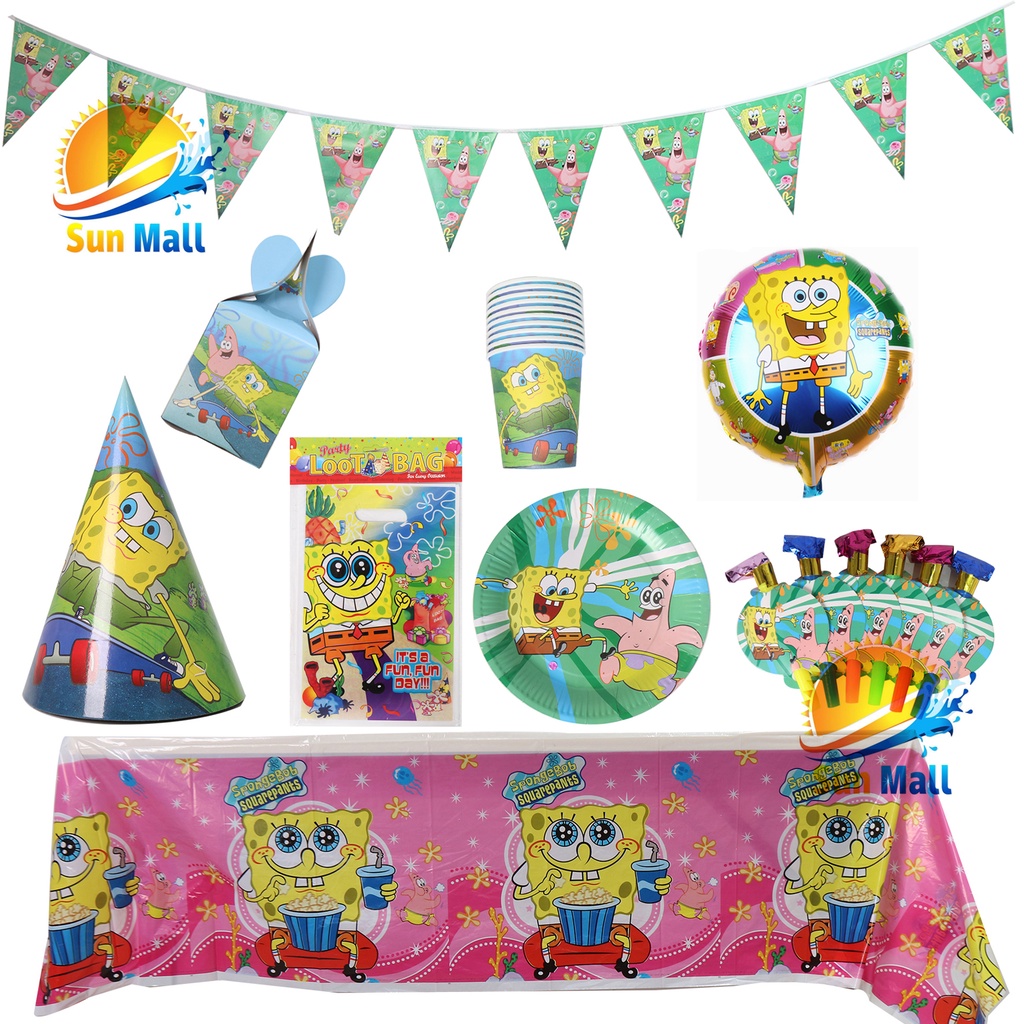 Spongebob Theme Party Supplies Set Party Hat Lootbag Cake Topper Banner  Tableware Decoration