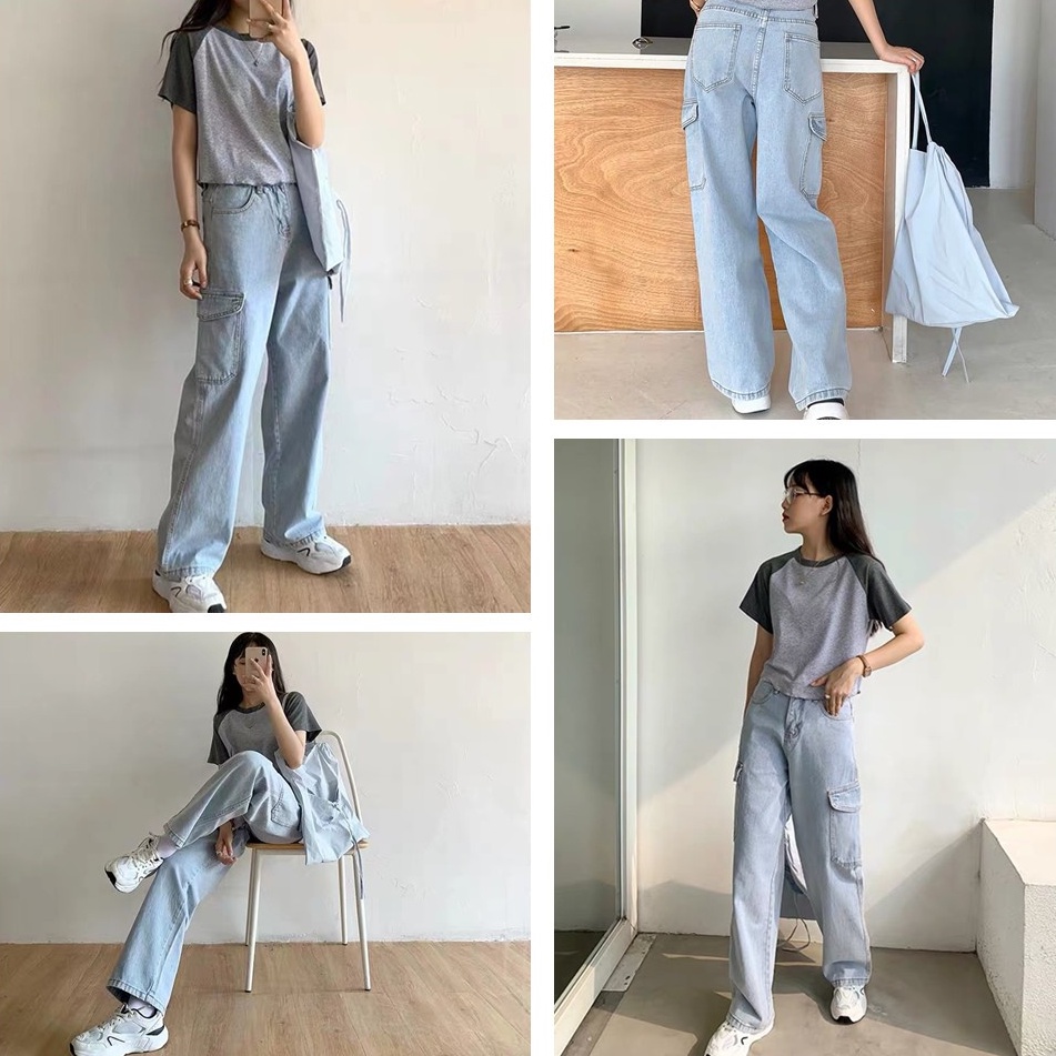 Women's Fashion Korean Style Casual Attire Six Pockets Wide Leg Cargo Mom  Jeans 2740