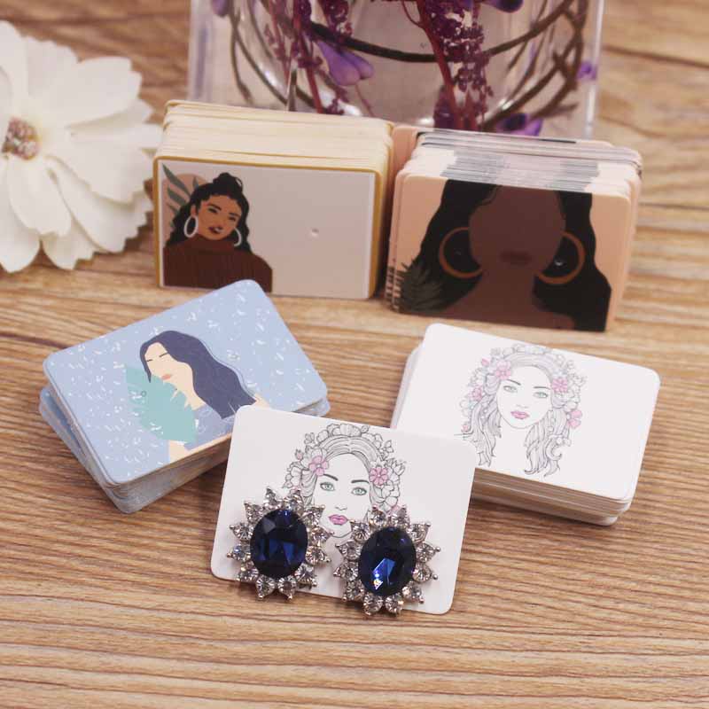 50Pcs 5x9cm White Paper print Girl Pattern earring card Glasses /Brown Face  Girl people Jewelry Display Packaging Cards Tags