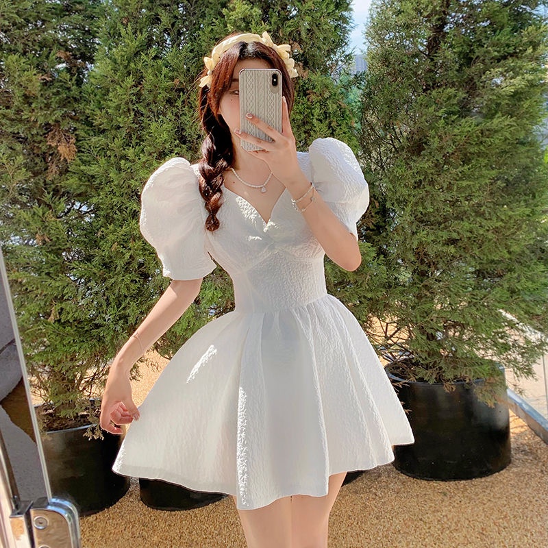 Summer cotton white high waist puff sleeve dress graduation