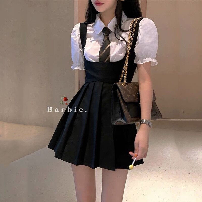 Black dress suspender skirt female summer girl jk uniform dress + puff  sleeve shirt two-piece set