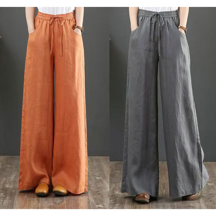 Women Cotton Linen Pants Fashion Solid Color Elastic Waist Loose
