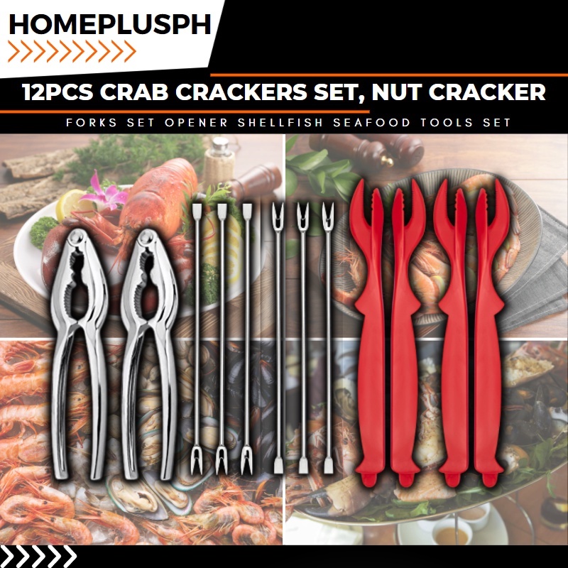 12-piece Seafood Tools Set includes 2 Crab Crackers, 4 Lobster Shellers, 6  Crab Leg Forks/Picks - Nut Cracker Stainless Steel Seafood Utensils  Crackers & Forks Cracker Set 