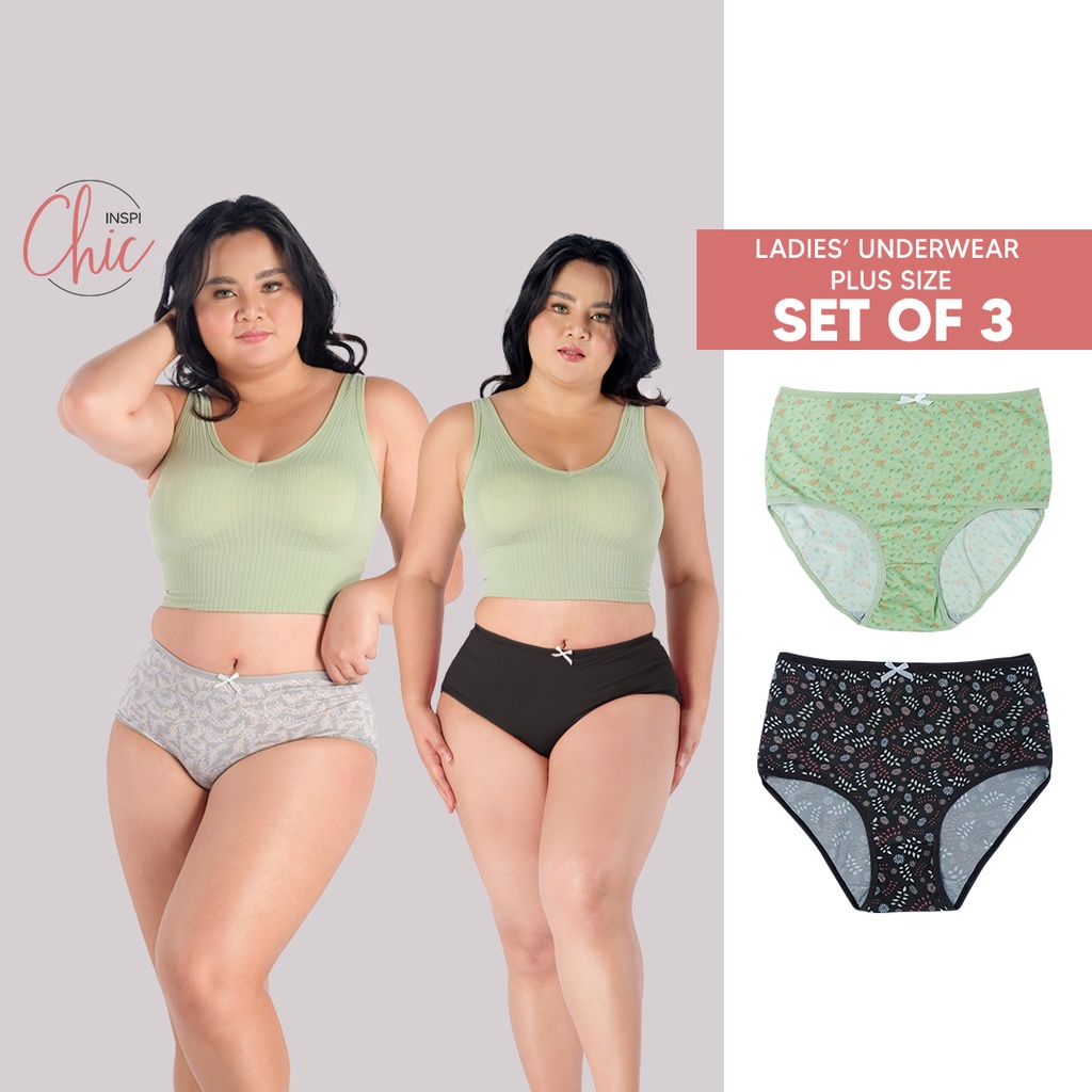 Inspi Chic 3pcs Panty for Women Plus Size Set Ribbon Printed Plain Cotton  Underwear for Woman