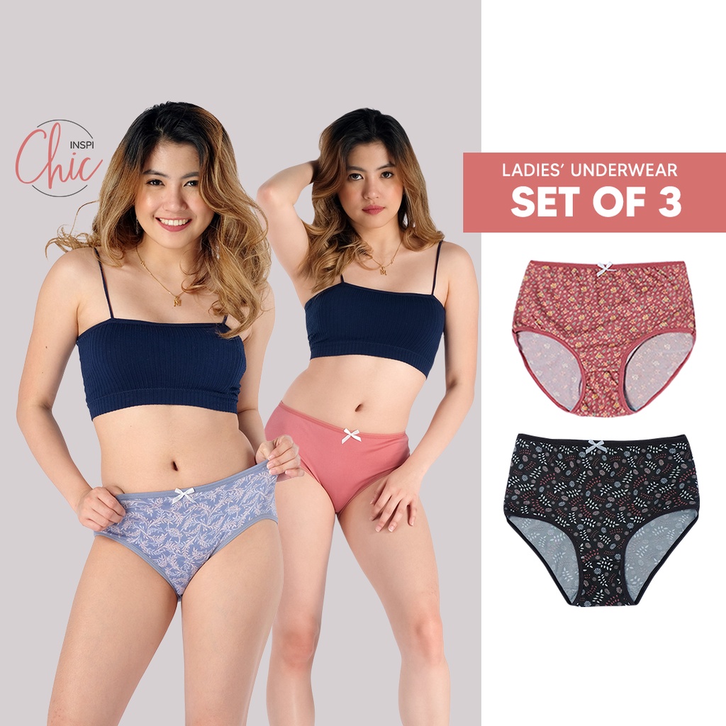 Inspi Chic 3pcs Panty for Women Regular Size Set Ribbon Printed Plain  Cotton Underwear for Woman
