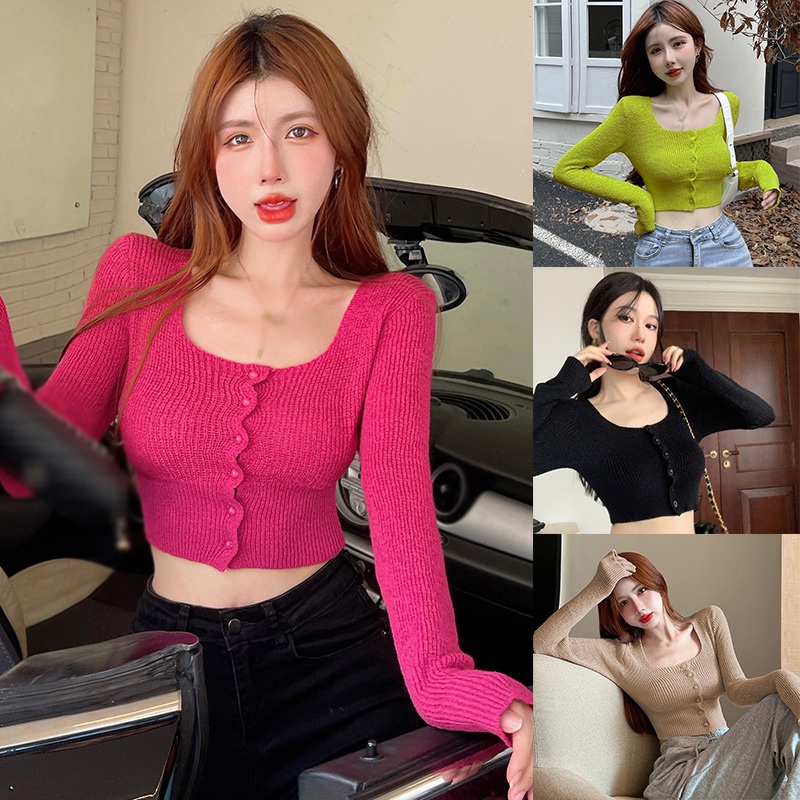 Women's Knitted Crop Top Korean Style Square Neck Solid Color