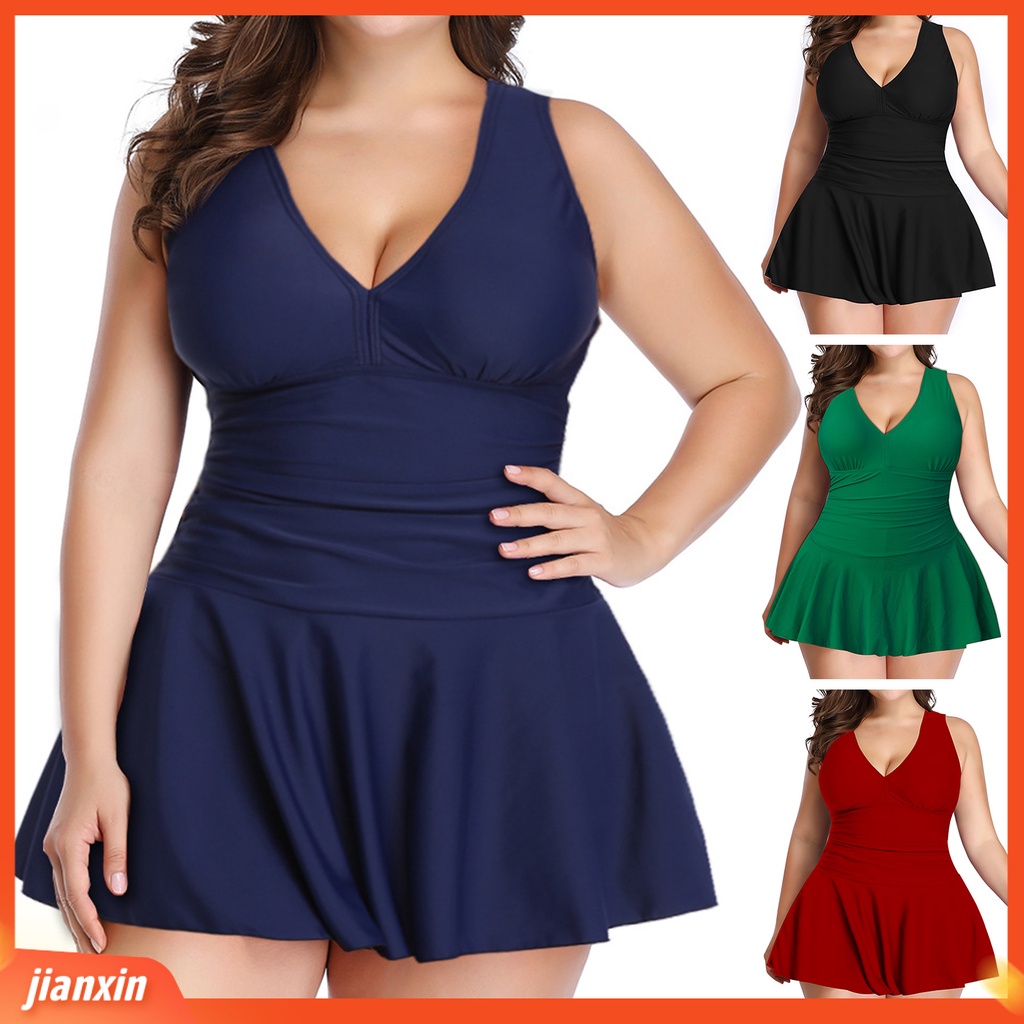 jianxin> Swimwear 2 Pcs/Set Women <jianxin> Solid Color V Neck Plus Size  Soft Swimming Dress for Beach