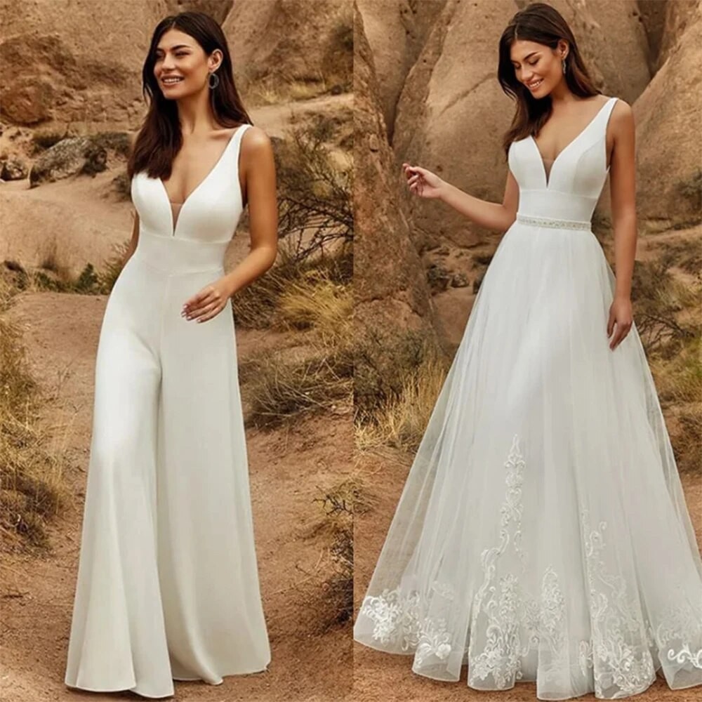 2 In 1 Wedding Jumpsuit With Detachable Skirt Two Pieces Bridal