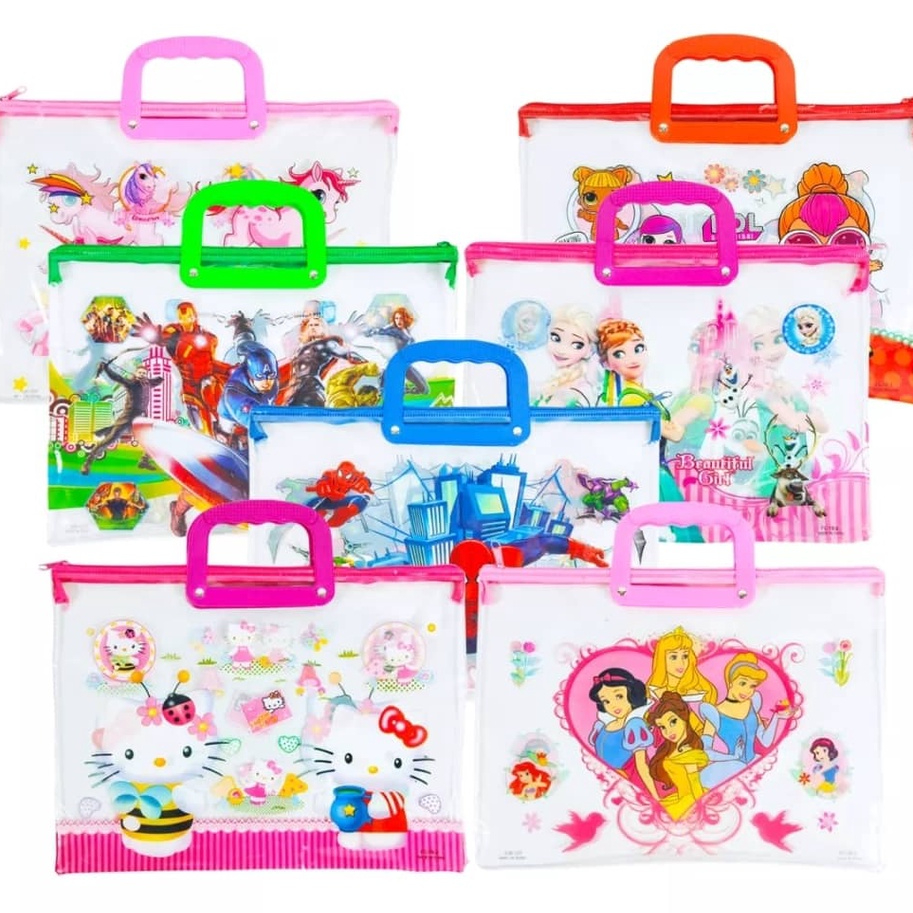 Character design transparent long zipper plastic envelope with handle for  kids school supplies bag