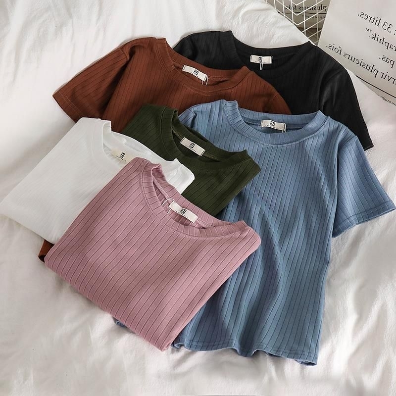 knitted classic round neck short sleeves knit top full length body hugging  tshirt shirt tops B030