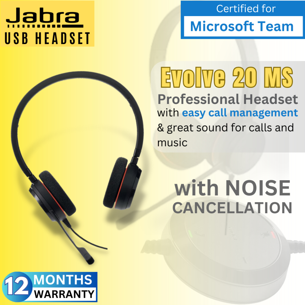 Jabra Evolve 20 MS Stereo USB Headset (Black) with Noise Cancellation