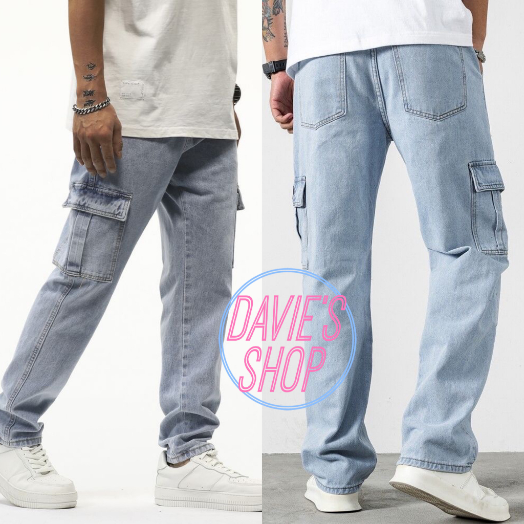 DaviesShop Khaki Cargo Pants Six Pockets Straight Cut Loose Fit