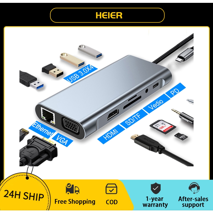 HUB 11 en 1 - USB-C, audio, LAN, HDMI, MDP, VGA, SD, Micro SD, 3x USB 3.0