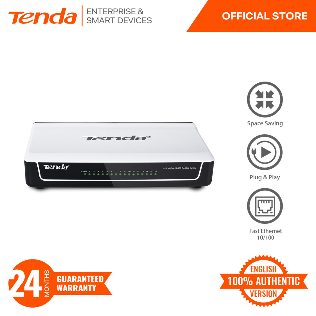 Tenda S16 16-Port Unmanaged Fast Ethernet Desktop Switch | Plug