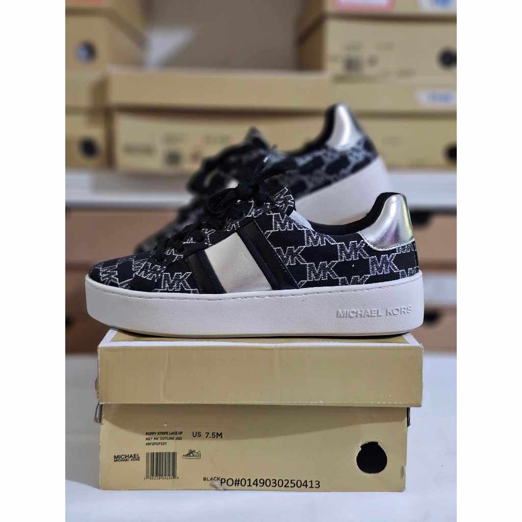 Michael Kors Poppy Stripe Lace Up Sneakers Black Monogram Canvas Size 7.5 Shopee Philippines