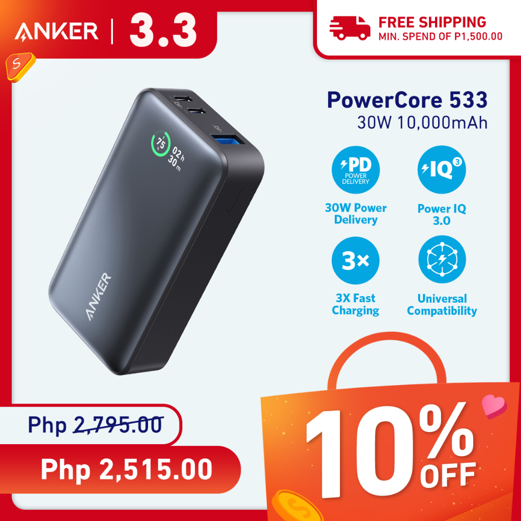 Anker Power Bank, 533 Power Bank (PowerCore 30W), Power IQ 3.0 Portable  Charger with PD 30W Max Output, 10,000mAh Battery Pack for iPhone 15/14/13