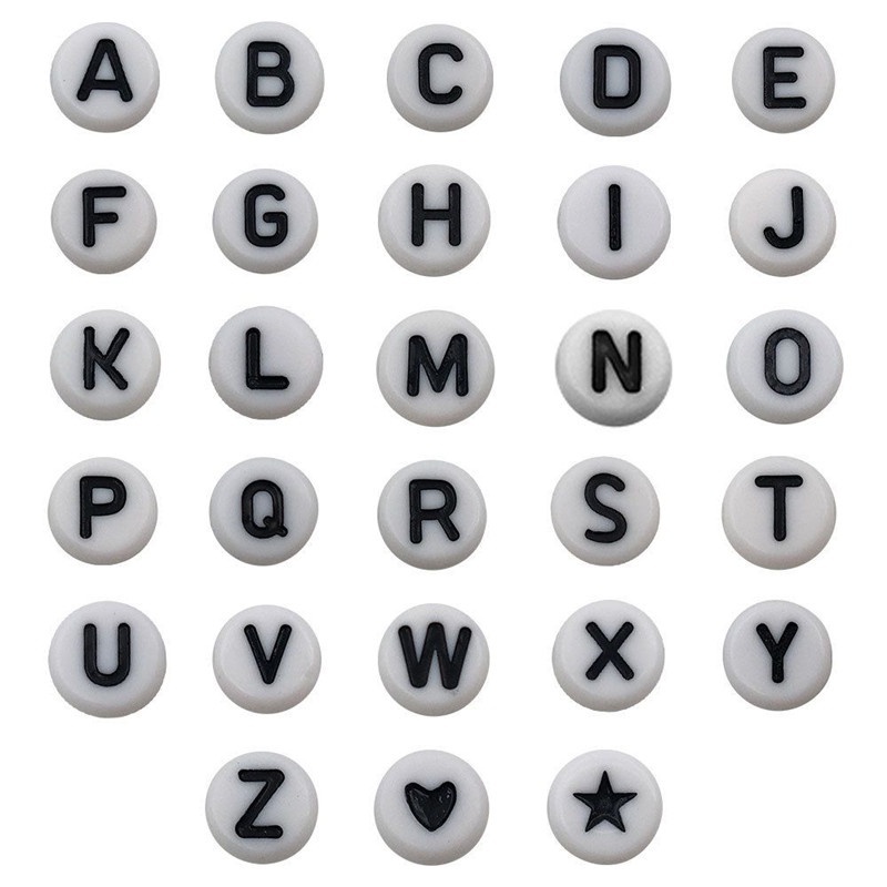Letter N - 100pc 7mm Alphabet Beads White with Glossy Black Letters
