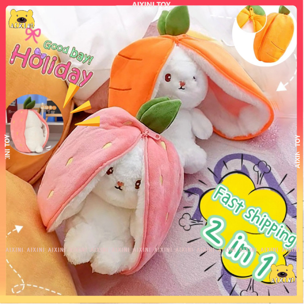 ⚡2 in 1-Fast Delivery⚡AIXINI Strawberry Rabbit Plush, Cute Bunny 2 in 1  Long Ear Fruit Animal Stuffe