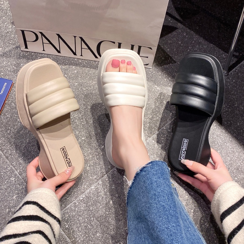 F4 heeled wedge outdoor one strap slide slipper casual footwear